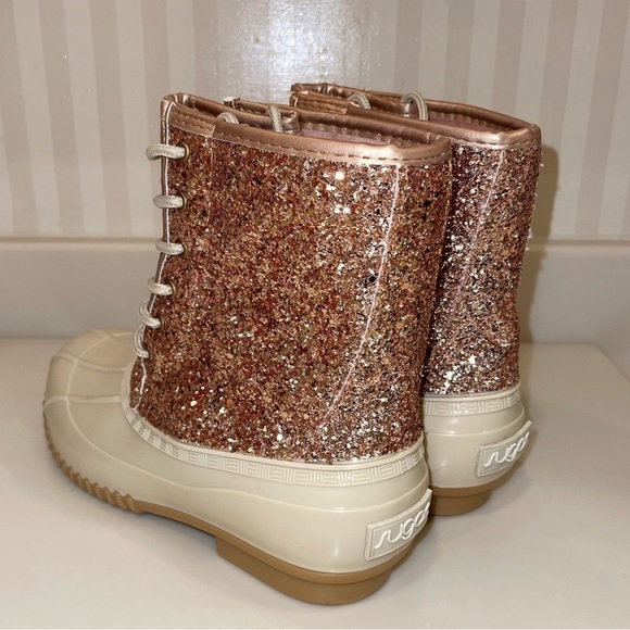 Sugar “Skipper” Rose Gold Glitter Lace Up Rain Snow Duck Boots - Picture 9 of 16
